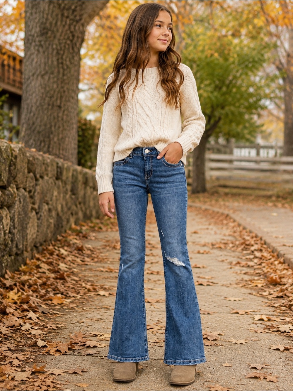RSQ Girls Size 14 Distressed Flare Jeans Medium Wash Y2K Stretch Denim - Picture 1 of 9